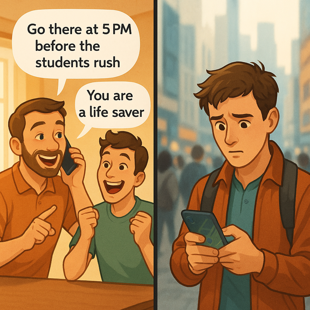Split screen: person getting advice vs person looking lost in new city