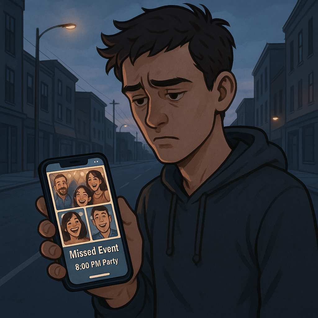 Person looking at phone showing a missed event, empty street behind