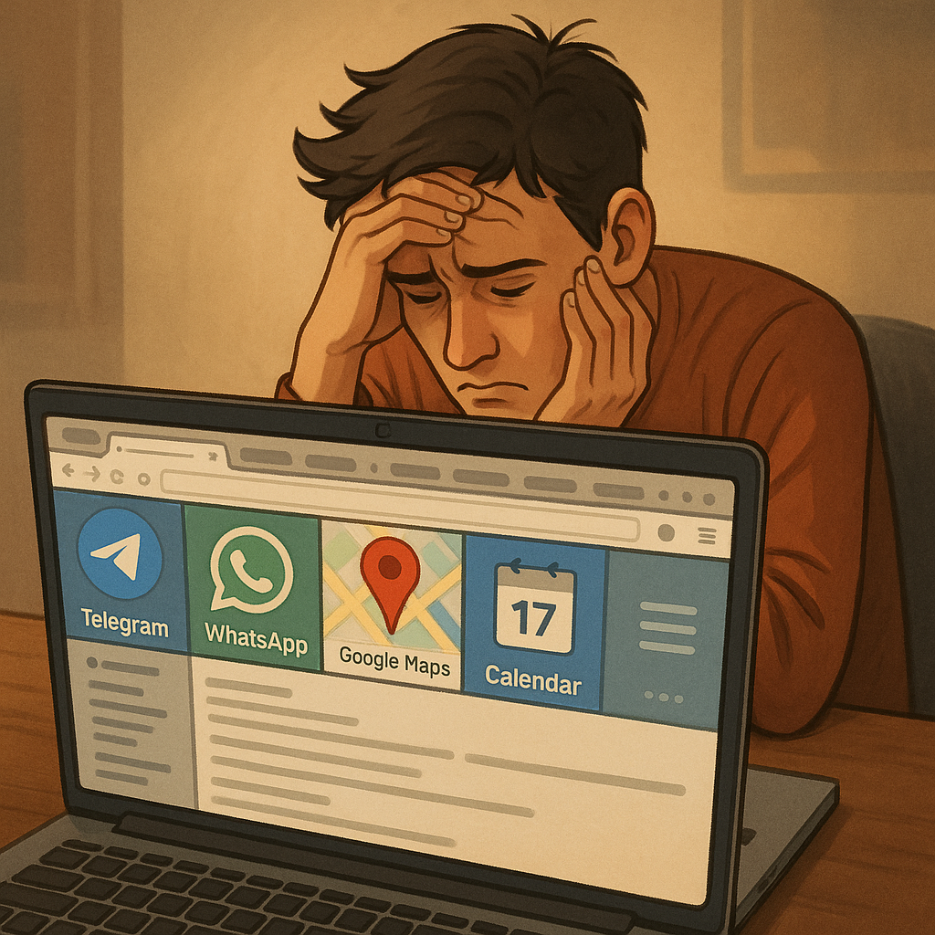 Person overwhelmed with many browser tabs open planning something