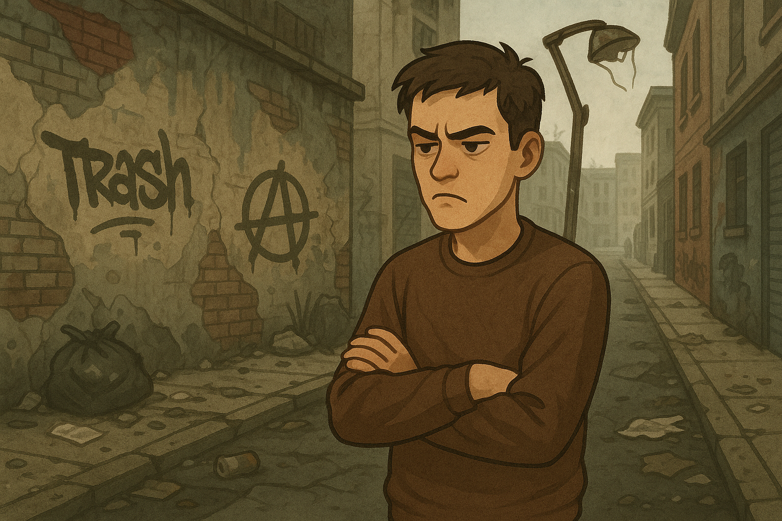 Person looking frustrated at urban decay like graffiti or broken light