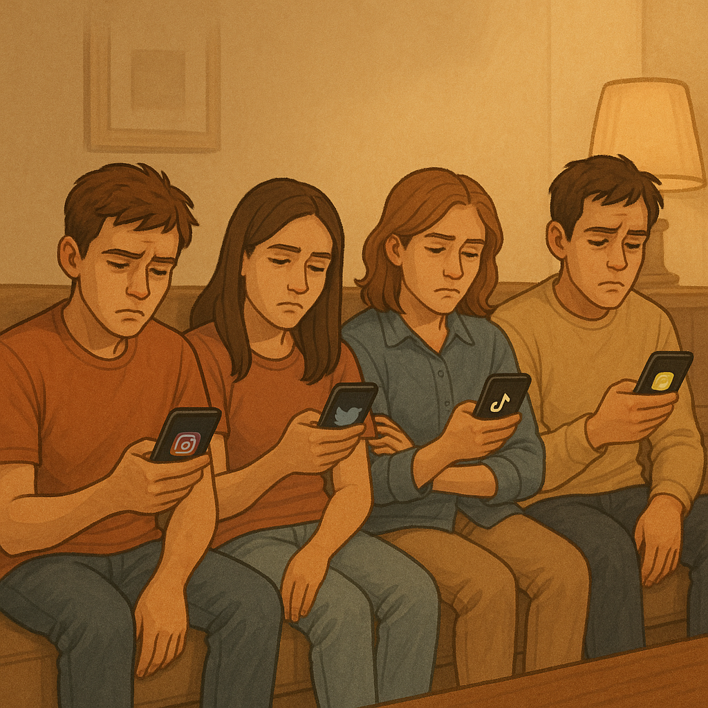 Friends looking bored on a couch, scrolling phones