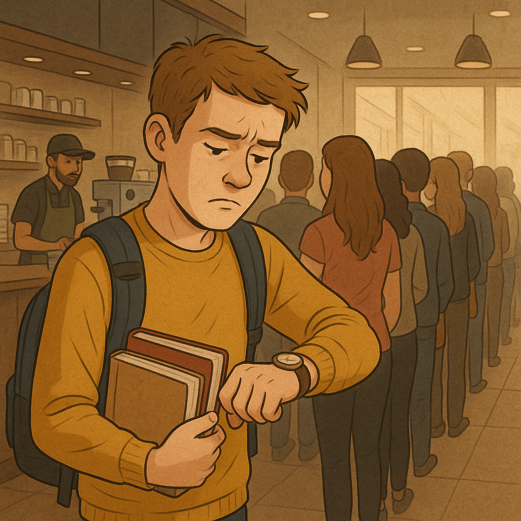 Student looking stressed in a long coffee shop line