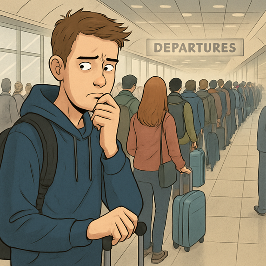 Person anxiously waiting in a long airport queue